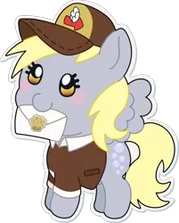 Size: 1609x2000 | Tagged: safe, artist:doctor-g, derpibooru import, derpy hooves, pony, blushing, chibi, cute, derpabetes, female, hat, mailmare, mailmare hat, simple background, solo, transparent background, white outline