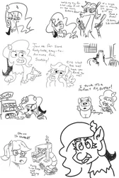 Size: 1024x1524 | Tagged: safe, artist:jargon scott, derpibooru import, discord, fluttershy, draconequus, pegasus, pony, black and white, bust, butters, butterscotch, calarts, dialogue, eris, female, grayscale, grinning potato, male, monochrome, rule 63, simple background, sketch, sketch dump, south park, stallion, thin-line style, white background