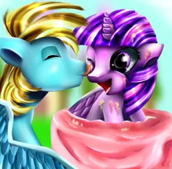 Size: 1024x1006 | Tagged: safe, artist:candyclumsy, derpibooru import, twilight sparkle, twilight sparkle (alicorn), oc, oc:harmony star, alicorn, my little pony: the movie, alicorn oc, cake, canon x oc, female, food, licking, male, mare, shipping, smiling, smiling at you, stallion, straight, tongue out, twimony