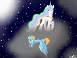 Size: 1024x768 | Tagged: alicorn, alicorn oc, artist:dolphingirl02, cloud, derpibooru import, duo, female, frown, hoof shoes, lying on a cloud, male, mare, night, oc, oc:harmony star, on a cloud, peytral, princess celestia, raised hoof, safe, stallion, standing on cloud, stars