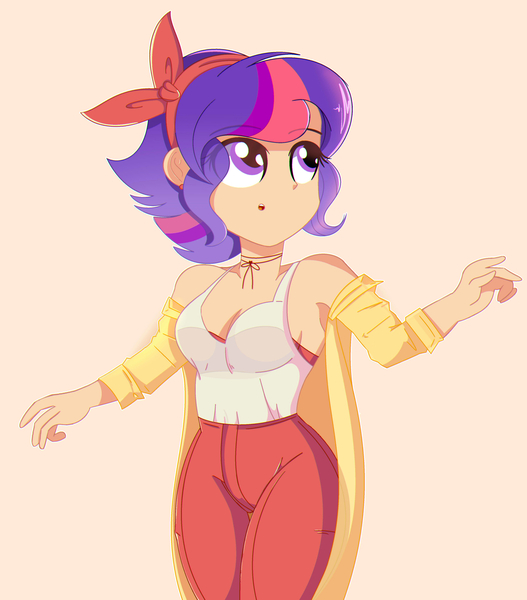 Size: 2963x3374 | Tagged: alternate hairstyle, armpits, artist:pastelhorses, breasts, clothes, derpibooru import, female, human, humanized, pants, safe, simple background, solo, tanktop, twilight sparkle