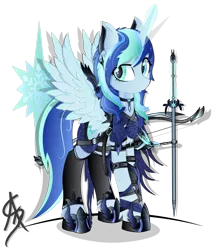 Size: 1600x1862 | Tagged: safe, artist:aleriastarlight, derpibooru import, oc, oc:caeleste aurorae frostfall, unofficial characters only, alicorn, pony, alicorn oc, armor, badass, boots, clothes, collar, cutie mark background, digital art, dungeons and dragons, epic, fantasy class, female, glowing horn, jewelry, leg strap, leggings, looking sideways, magic, mare, necklace, scarf, shoes, signature, simple background, solo, style emulation, sword, telekinesis, transparent background, vector, warrior, weapon, wingding eyes