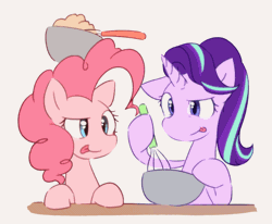 Size: 680x560 | Tagged: safe, artist:akainu_pony, artist:szafir87, derpibooru import, pinkie pie, starlight glimmer, earth pony, pony, unicorn, :p, animated, baking, balancing, bouncing, bowl, cute, diapinkes, female, floppy ears, gif, glimmerbetes, headbob, hoof hold, mare, mixing bowl, pinkie being pinkie, ponk, raised eyebrow, simple background, smiling, smirk, tongue out, white background