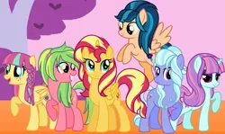 Size: 1280x761 | Tagged: safe, artist:sarahgdo, derpibooru import, indigo zap, lemon zest, sour sweet, sugarcoat, sunny flare, sunset shimmer, ponified, pony, alternate mane six, alternate universe, base used, equestria girls ponified, shadow five