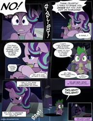 Size: 1275x1650 | Tagged: safe, artist:dsana, derpibooru import, spike, starlight glimmer, twilight sparkle, twilight sparkle (alicorn), alicorn, dragon, pony, unicorn, comic:the shadow shard, comic, crying, floppy ears, hug, sleeping