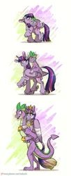 Size: 900x2200 | Tagged: safe, artist:inuhoshi-to-darkpen, derpibooru import, spike, twilight sparkle, twilight sparkle (alicorn), alicorn, dragon, pony, unicorn, age progression, bandaged wing, carrying, cute, dragons riding ponies, duo, feathered fetlocks, female, injured, jewelry, leonine tail, male, mama twilight, mare, older, older spike, patreon, patreon logo, ponies riding dragons, raised hoof, regalia, riding, unicorn twilight, unshorn fetlocks