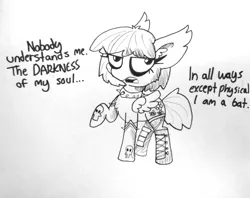 Size: 1822x1440 | Tagged: safe, artist:tjpones, derpibooru import, oc, unofficial characters only, pegasus, pony, boots, chest fluff, choker, clothes, dialogue, ear fluff, female, gloves, goth, grayscale, mare, monochrome, on all levels except physical, open mouth, raised hoof, shoes, solo, spiked choker, traditional art
