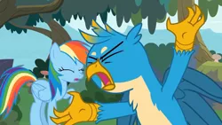 Size: 1280x720 | Tagged: safe, derpibooru import, screencap, gallus, rainbow dash, gryphon, pegasus, pony, non-compete clause, angry, eyes closed, female, male, screaming