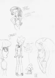 Size: 1107x1552 | Tagged: suggestive, artist:carnifex, derpibooru import, rarity, spike, spike the regular dog, twilight sparkle, dog, human, equestria girls, bikini, breasts, clothes, equestria girls-ified, female, human spike, humanized, male, monochrome, shipping, sketch, sparity, spike the human, straight, swimsuit, traditional art