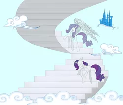 Size: 3000x2550 | Tagged: safe, artist:tatemagiqueesquisse, derpibooru import, rarity, alicorn, pony, unicorn, afterlife, alicornified, angel, angel rarity, blank flank, castle, cloud, crying, dead, death, female, flying, flying castle, heaven, mare, race swap, raricorn, sad, solo, soul, spirit, stairs