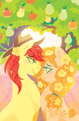 Size: 587x900 | Tagged: safe, artist:justasuta, derpibooru import, bright mac, pear butter, earth pony, pony, apple, apple tree, blushing, brightbutter, cowboy hat, female, flower, flower in hair, food, hat, lineless, looking at each other, male, mare, pear, pear tree, shipping, smiling, stallion, straight, tree
