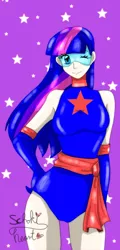 Size: 434x902 | Tagged: artist:mingmiyu, bodysuit, clothes, derpibooru import, human, humanized, leotard, magic gaia, one eye closed, safe, solo, superhero, twilight sparkle, wink