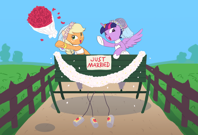 Size: 5815x3974 | Tagged: safe, artist:carnifex, derpibooru import, applejack, twilight sparkle, twilight sparkle (alicorn), alicorn, earth pony, pony, bouquet, bouquet toss, cans, cart, clothes, dress, duo, female, flower, hair bun, just married, lesbian, mare, marriage, ring, rose, shipping, twijack, wedding, wedding dress, wedding ring, wedding veil