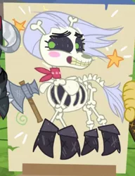Size: 434x566 | Tagged: axe, battle axe, blushing, boots, cropped, crossed legs, cute, derpibooru import, dungeons and dragons, female, mare, neckerchief, ogres and oubliettes, safe, screencap, shoes, skeleton, skeleton pony, skellibetes, skellinore, smiling, solo, the break up breakdown, weapon