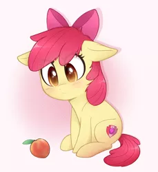 Size: 1560x1700 | Tagged: safe, artist:higgly-chan, derpibooru import, apple bloom, earth pony, pony, adorabloom, blushing, bow, cute, cutie mark, female, filly, floppy ears, food, hair bow, looking down, peach, sitting, solo