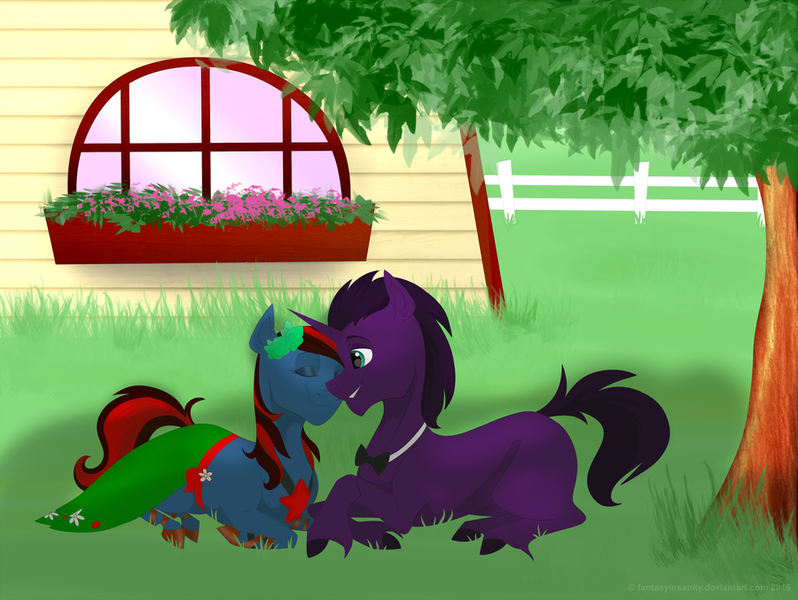 Size: 900x677 | Tagged: artist:fantasyinsanity, clothes, derpibooru import, dress, fence, firmashade, grass, lying in grass, married couple, oc, oc:firma surge, oc:knightshade, oc x oc, safe, shipping, smiling, tree, under the tree, unofficial characters only, wedding dress, window