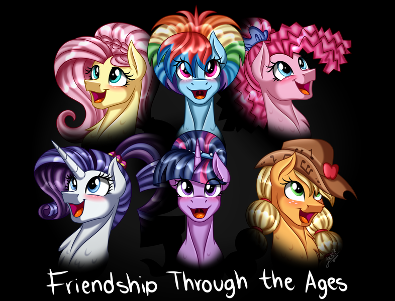 Size: 2750x2100 | Tagged: safe, artist:jack-pie, derpibooru import, applejack, fluttershy, pinkie pie, rainbow dash, rarity, twilight sparkle, ponified, pony, friendship through the ages, black background, cowboy hat, equestria girls ponified, freckles, hat, mane six, open mouth, redraw, sameface, scene interpretation, signature, simple background, singing, stetson