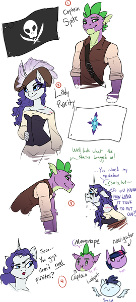 Size: 866x1928 | Tagged: safe, artist:joan-grace, derpibooru import, rarity, soarin', spike, twilight sparkle, anthro, dragon, pegasus, unicorn, :o, angry, c:, chibi, clothes, corset, dialogue, eye contact, female, floating wings, floppy ears, frown, glare, gritted teeth, hat, lidded eyes, looking at each other, makeup, male, mare, older, older spike, one eye closed, open mouth, pirate, running makeup, scar, scratches, shipping, simple background, smiling, smirk, smug, sparity, stallion, straight, text, white background, wings, wink
