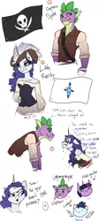 Size: 866x1928 | Tagged: safe, artist:joan-grace, derpibooru import, rarity, soarin', spike, twilight sparkle, anthro, dragon, pegasus, unicorn, :o, angry, c:, chibi, clothes, corset, dialogue, eye contact, female, floating wings, floppy ears, frown, glare, gritted teeth, hat, lidded eyes, looking at each other, makeup, male, mare, older, older spike, one eye closed, open mouth, pirate, running makeup, scar, scratches, shipping, simple background, smiling, smirk, smug, sparity, stallion, straight, text, white background, wings, wink