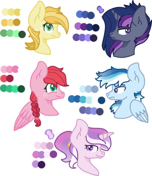 Size: 1024x1185 | Tagged: safe, artist:rosiepie15, derpibooru import, oc, oc:daisy, oc:golden delicious, oc:midnight spectrum, oc:snow storm, oc:valentina amore, unofficial characters only, earth pony, pegasus, pony, unicorn, bust, color palette, female, freckles, magical lesbian spawn, male, mare, next generation, offspring, parent:applejack, parent:big macintosh, parent:caramel, parent:flash sentry, parent:fleur-de-lis, parent:fluttershy, parent:princess cadance, parent:rainbow dash, parent:shining armor, parent:twilight sparkle, parents:carajack, parents:flashlight, parents:fleurdance, parents:fluttermac, parents:shiningdash, simple background, stallion, transparent background