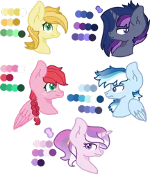 Size: 1024x1185 | Tagged: safe, artist:rosiepie15, derpibooru import, oc, oc:daisy, oc:golden delicious, oc:midnight spectrum, oc:snow storm, oc:valentina amore, unofficial characters only, earth pony, pegasus, pony, unicorn, bust, color palette, female, freckles, magical lesbian spawn, male, mare, next generation, offspring, parent:applejack, parent:big macintosh, parent:caramel, parent:flash sentry, parent:fleur-de-lis, parent:fluttershy, parent:princess cadance, parent:rainbow dash, parent:shining armor, parent:twilight sparkle, parents:carajack, parents:flashlight, parents:fleurdance, parents:fluttermac, parents:shiningdash, simple background, stallion, transparent background