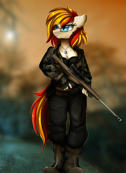 Size: 2550x3509 | Tagged: suggestive, artist:pridark, derpibooru import, oc, oc:alter ego, unofficial characters only, anthro, plantigrade anthro, anthro oc, breasts, cleavage, clothes, female, glasses, gun, mare, solo, weapon