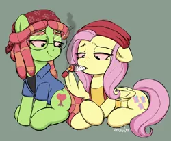 Size: 1892x1557 | Tagged: safe, artist:moozua, derpibooru import, fluttershy, tree hugger, earth pony, pegasus, pony, cheech & chong, cheech and chong, clothes, cutie mark, drugs, duo, female, flutterhigh, flutterjoint, glasses, high, joint, lighter, mare, marijuana, pot, red eyes, simpsons did it, smiling, smoking, the simpsons, tree stoner