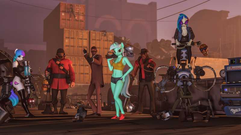 Size: 3840x2160 | Tagged: 3d, anthro, artist:helioseusebio, derpibooru import, engineer, engineer vinyl, lyra heartstrings, mann vs machine, medic, oc, oc:aurora starling, plantigrade anthro, safe, scout, sniper, soldier, spy, team fortress 2, vinyl scratch