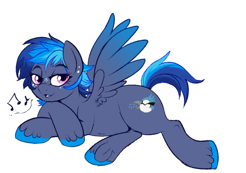 Size: 950x670 | Tagged: safe, artist:lulubell, derpibooru import, oc, oc:blue jay, unofficial characters only, pegasus, pony, female, mare, music notes, next generation, offspring, parent:rainbow dash, parent:shining armor, parents:shiningdash, simple background, solo, transparent background, unshorn fetlocks