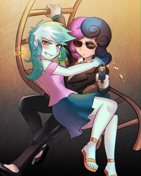 Size: 600x750 | Tagged: safe, artist:tzc, derpibooru import, bon bon, lyra heartstrings, sweetie drops, equestria girls, clothes, feet, female, glasses, gun, legs, lesbian, looking at you, lyrabon, sandals, secret agent sweetie drops, shipping, skirt, suit, sunglasses, weapon