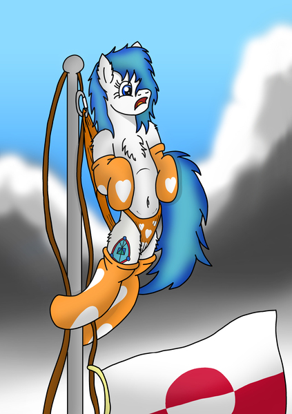 Size: 2844x4032 | Tagged: suggestive, artist:tacomytaco, derpibooru import, oc, oc:emina, unofficial characters only, earth pony, pony, belly button, chest fluff, clothes, female, flag, flagpole wedgie, hanging wedgie, heart, heart print underwear, orange underwear, pain, panties, socks, underwear, wedgie