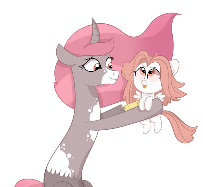 Size: 1024x946 | Tagged: safe, artist:ashidaii, derpibooru import, oc, oc:accordia, oc:posey, unofficial characters only, hybrid, pony, baby, baby pony, interspecies offspring, offspring, parent:bulk biceps, parent:discord, parent:fluttershy, parent:princess celestia, parents:dislestia, parents:flutterbulk, simple background, transparent background