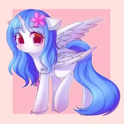 Size: 1080x1080 | Tagged: safe, artist:leafywind, derpibooru import, oc, unofficial characters only, alicorn, pony, abstract background, alicorn oc, colored pupils, ear fluff, female, floppy ears, flower, flower in hair, jewelry, looking at you, mare, pendant, raised leg, solo, spread wings, standing, starry eyes, underhoof, wingding eyes, wings
