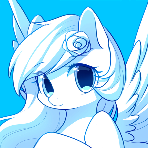 Size: 1000x1000 | Tagged: safe, artist:leafywind, derpibooru import, oc, unofficial characters only, pegasus, pony, blue, blue background, bust, female, flower, flower in hair, looking at you, mare, monochrome, simple background, solo, spread wings, white, wings