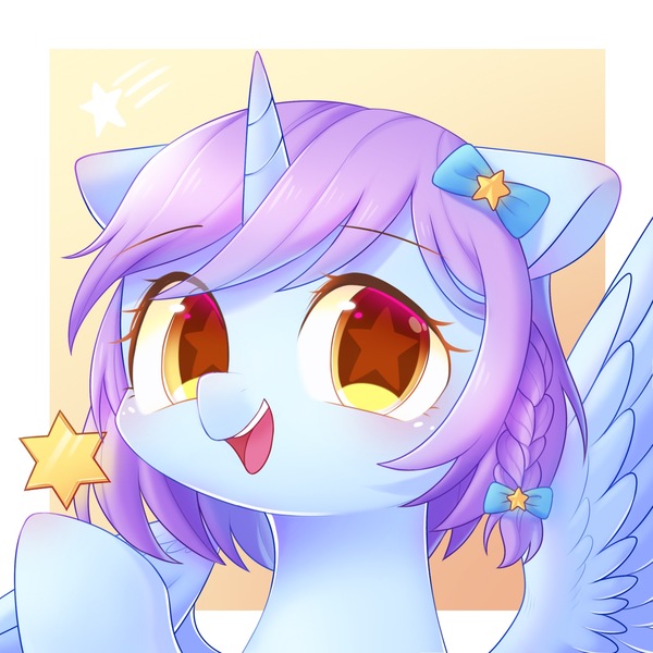 Size: 2000x2000 | Tagged: safe, artist:leafywind, derpibooru import, oc, unofficial characters only, alicorn, pony, abstract background, alicorn oc, braid, bust, colored pupils, female, floppy ears, flower, flower in hair, looking at you, mare, open mouth, portrait, raised hoof, smiling, solo, spread wings, starry eyes, stars, wingding eyes, wings