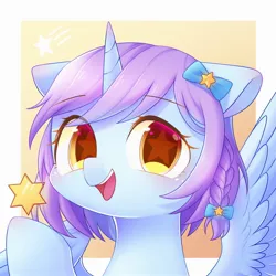 Size: 2000x2000 | Tagged: safe, artist:leafywind, derpibooru import, oc, unofficial characters only, alicorn, pony, abstract background, alicorn oc, braid, bust, colored pupils, female, floppy ears, flower, flower in hair, looking at you, mare, open mouth, portrait, raised hoof, smiling, solo, spread wings, starry eyes, stars, wingding eyes, wings