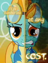 Size: 2000x2577 | Tagged: artist:starbat, clothes, crying, derpibooru import, despair, goggles, happy, heartbreak, lightning dust, misery, sad, safe, smiling, text, two sided posters, uniform, wonderbolt trainee uniform