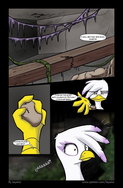 Size: 1255x1920 | Tagged: safe, artist:leyanor, derpibooru import, gilda, gryphon, comic:the ritual, comic, rock, ruins