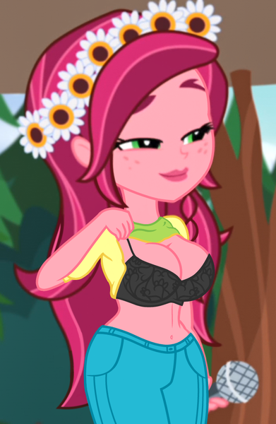 Size: 704x1080 | Tagged: suggestive, derpibooru import, edit, edited screencap, screencap, gloriosa daisy, equestria girls, belly button, big breasts, bra, breast edit, breasts, busty gloriosa daisy, cleavage, clothes, cropped, explicit source, eyebrows, eyelashes, female, floral head wreath, flower, flower in hair, freckles, lingerie, lingerie edit, lipstick, microphone, pants, sexy, smiling, solo, solo female
