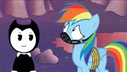 Size: 1136x640 | Tagged: artist:toucanldm, bendy, bendy and the ink machine, cuphead, cuphead meets mlp, derpibooru import, frightened, gag, muzzle gag, punishment, rainbow dash, ropes, safe, screenshots, tied up, underworld, youtube link