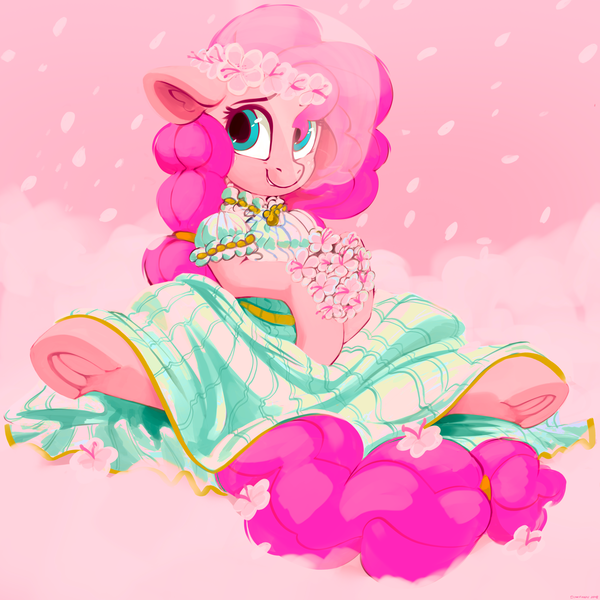 Size: 3000x3000 | Tagged: safe, artist:dimfann, color edit, derpibooru import, edit, editor:seiken, pinkie pie, earth pony, pony, beautiful, bouquet, clothes, colored, cute, diapinkes, dress, female, floppy ears, floral head wreath, flower, flower in hair, frog (hoof), hoof hold, looking at you, looking sideways, mare, sitting, smiling, solo, spread legs, spreading, underhoof, wedding dress