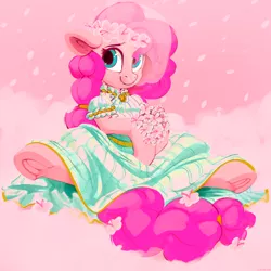 Size: 3000x3000 | Tagged: safe, artist:dimfann, color edit, derpibooru import, edit, editor:seiken, pinkie pie, earth pony, pony, beautiful, bouquet, clothes, colored, cute, diapinkes, dress, female, floppy ears, floral head wreath, flower, flower in hair, frog (hoof), hoof hold, looking at you, looking sideways, mare, sitting, smiling, solo, spread legs, spreading, underhoof, wedding dress