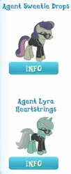 Size: 207x508 | Tagged: safe, derpibooru import, bon bon, lyra heartstrings, sweetie drops, gameloft, mares in black, secret agent sweetie drops