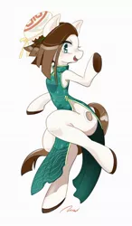 Size: 779x1334 | Tagged: safe, artist:bbtasu, derpibooru import, oc, oc:nel drip, unofficial characters only, earth pony, semi-anthro, cheongsam, clothes, dress, female, hair bun, mare, pose, side glance, side slit, simple background, solo