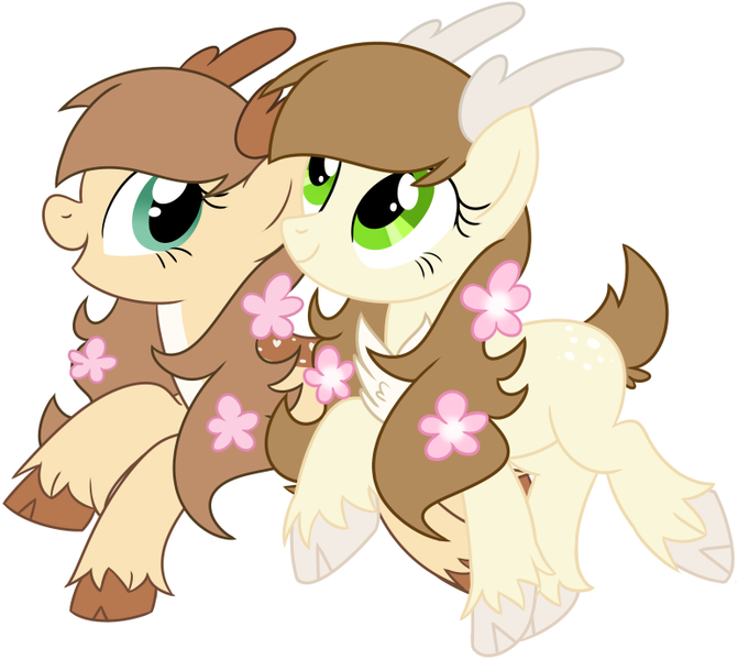 Size: 772x690 | Tagged: artist:owlity, deer pony, derpibooru import, female, mare, oc, oc:darling doe, oc:ema, original species, safe, sisters, twins