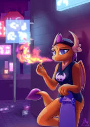 Size: 1024x1448 | Tagged: anthro, artist:loneless-art, breasts, busty smolder, cap, city, claws, clothes, derpibooru import, dragon, dragoness, dragon wings, drugs, female, fire, fire breath, hat, joint, longboard, marijuana, rebel, safe, skateboard, smolder, solo, tanktop, town, wings