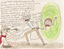 Size: 1095x850 | Tagged: safe, artist:brogararts, derpibooru import, oc, oc:brogar, unofficial characters only, earth pony, human, pony, morty smith, portal, rick and morty, rick sanchez, story included