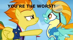 Size: 852x466 | Tagged: abuse, background pony strikes again, derpibooru import, downvote bait, drama bait, dustabuse, edit, edited screencap, lightning dust, op is wrong, safe, screencap, spitfire, wonderbolts academy