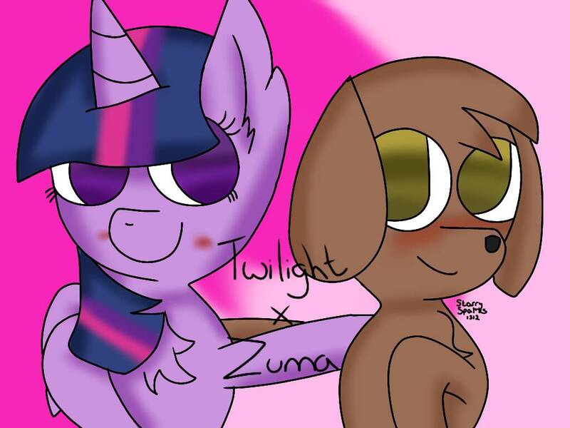 Size: 1024x768 | Tagged: abstract background, alicorn, arm around neck, artist:starrysparks1312, chest fluff, crossover, crossover shipping, derpibooru import, dog, ear fluff, female, hoof around neck, horn, hug, male, mare, paw patrol, safe, shipping, smiling, text, twilight sparkle, twilight sparkle (alicorn), twizuma, wings, zuma