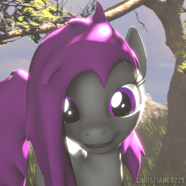 Size: 1024x1024 | Tagged: safe, artist:christian69229, derpibooru import, oc, oc:mystery hyperpurple, unofficial characters only, earth pony, pony, 3d, bust, looking at you, portrait, smiling, solo, source filmmaker